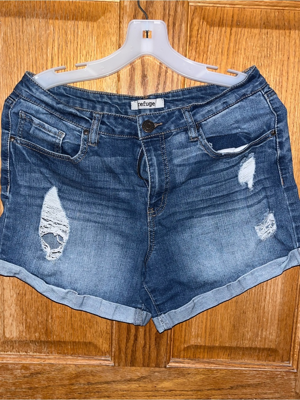 refuge Dark Blue Distressed Roll-Cuff Jean Shorts
